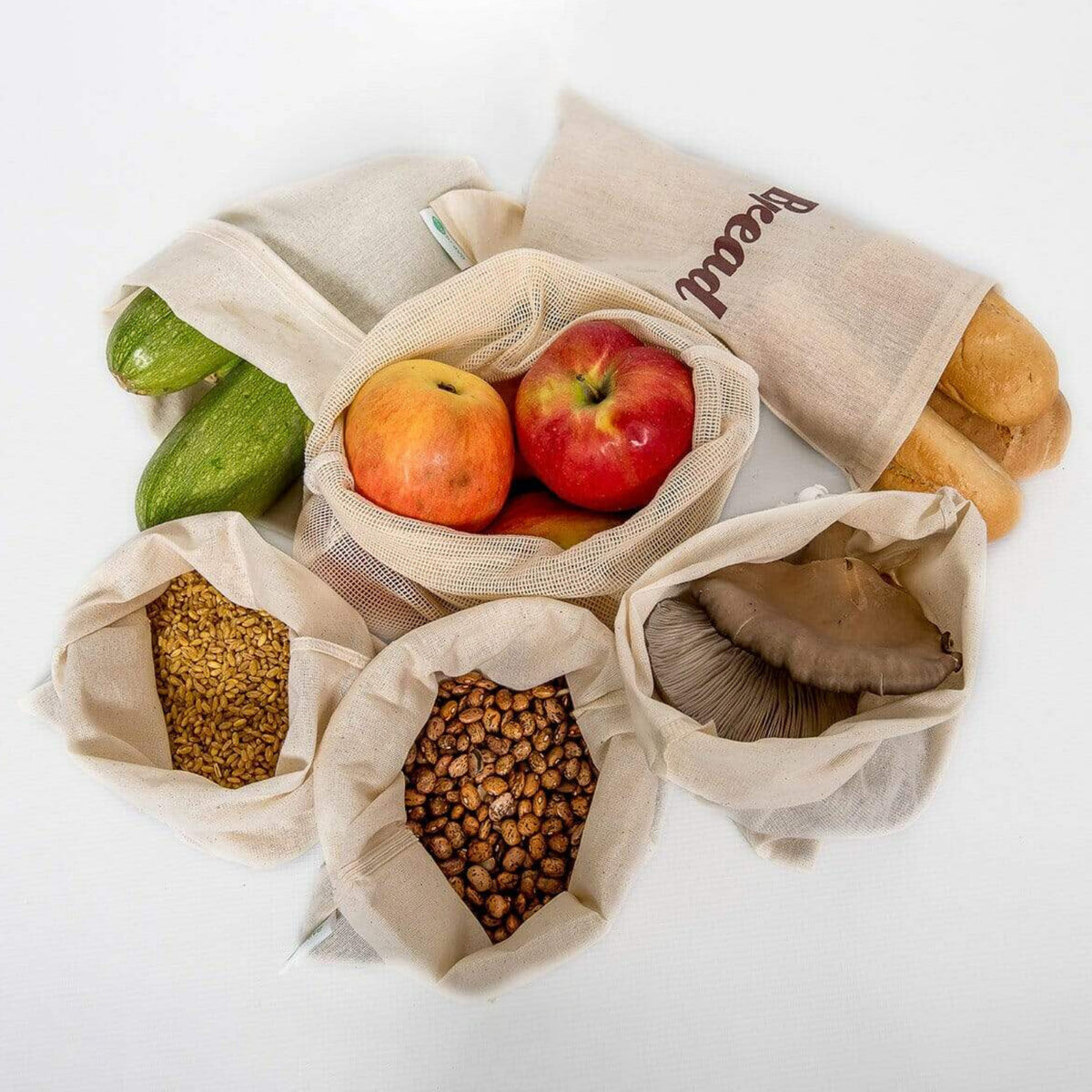 Pack of 5 Natural Cotton Mesh Drawstring Bags. Eco- Friendly Fruit
