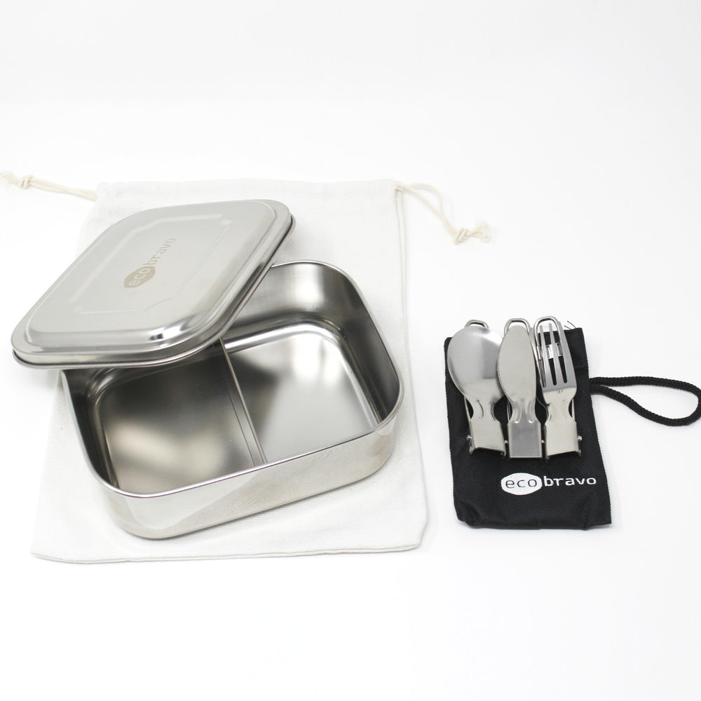 Stainless Steel Lunch Box with Reusable Cutlery (2 Compartments)