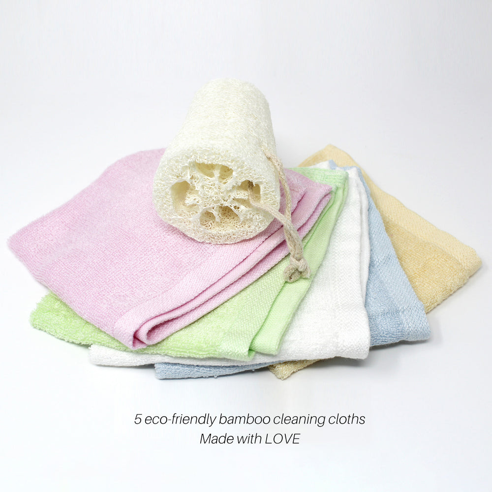 
                  
                    5 Pack Bamboo Cleaning Cloths with Reusable Bag- All from Natural Fabric
                  
                