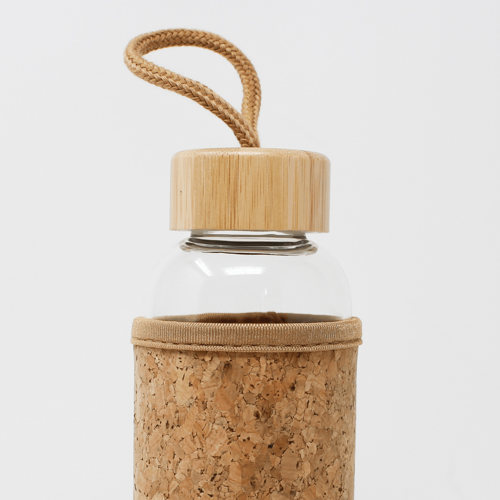 
                  
                    Reusable Glass Water Bottle with Cork Sleeve and Bamboo Lid
                  
                