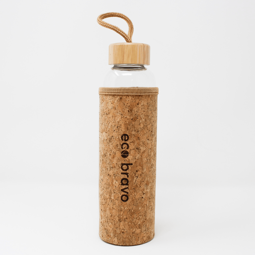 Reusable Glass Water Bottle with Cork Sleeve and Bamboo Lid